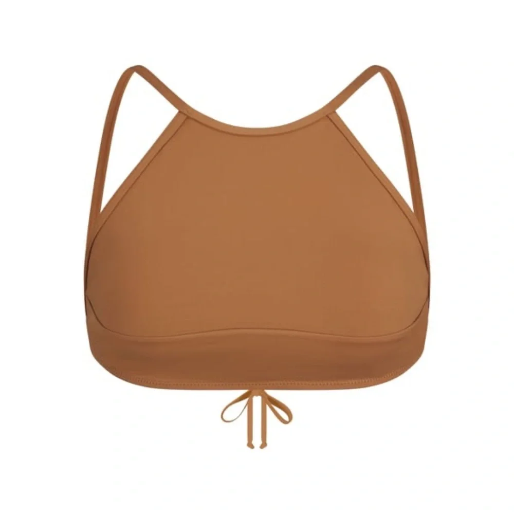 SKIMS Recycled Swim High Neck Open Back Tie Top Almond NEW XXS